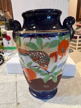 Hand-Painted Ceramic Vase with Bird and Fruit Motif - Blue, Orange, Green